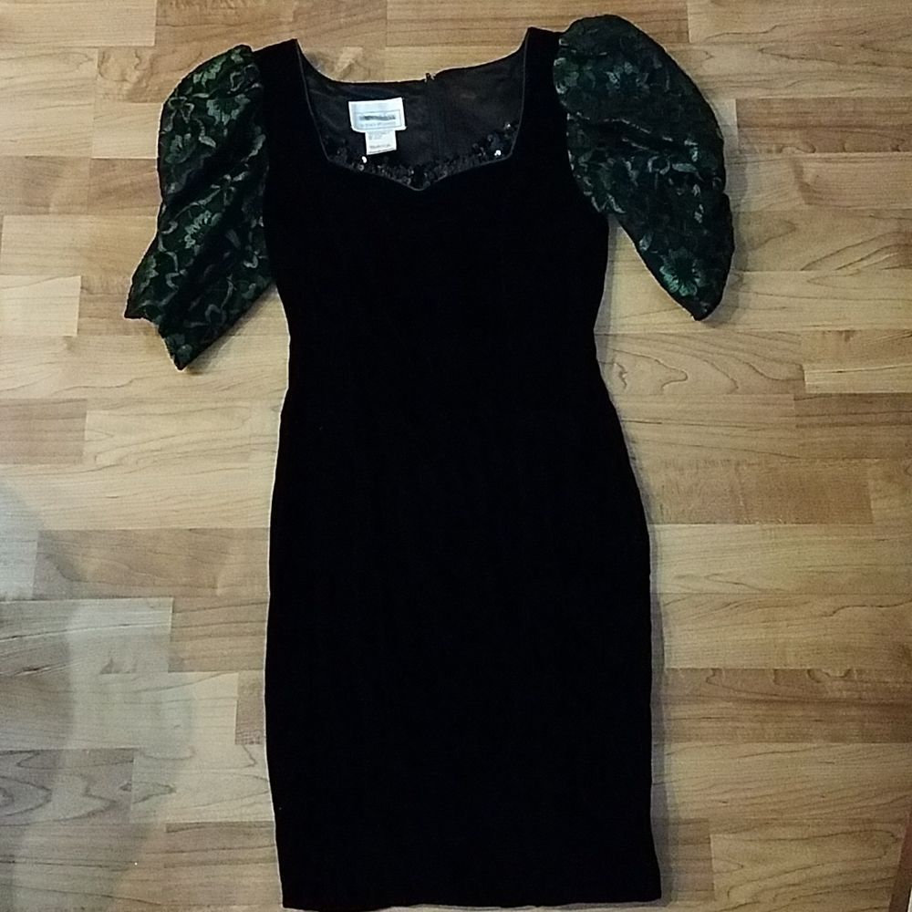 GUNNE SAX JESSICA MCCLINTOCK  SEQUIN SQUARE NECK LACE PUFF SLEEVES VELVET LACE 5